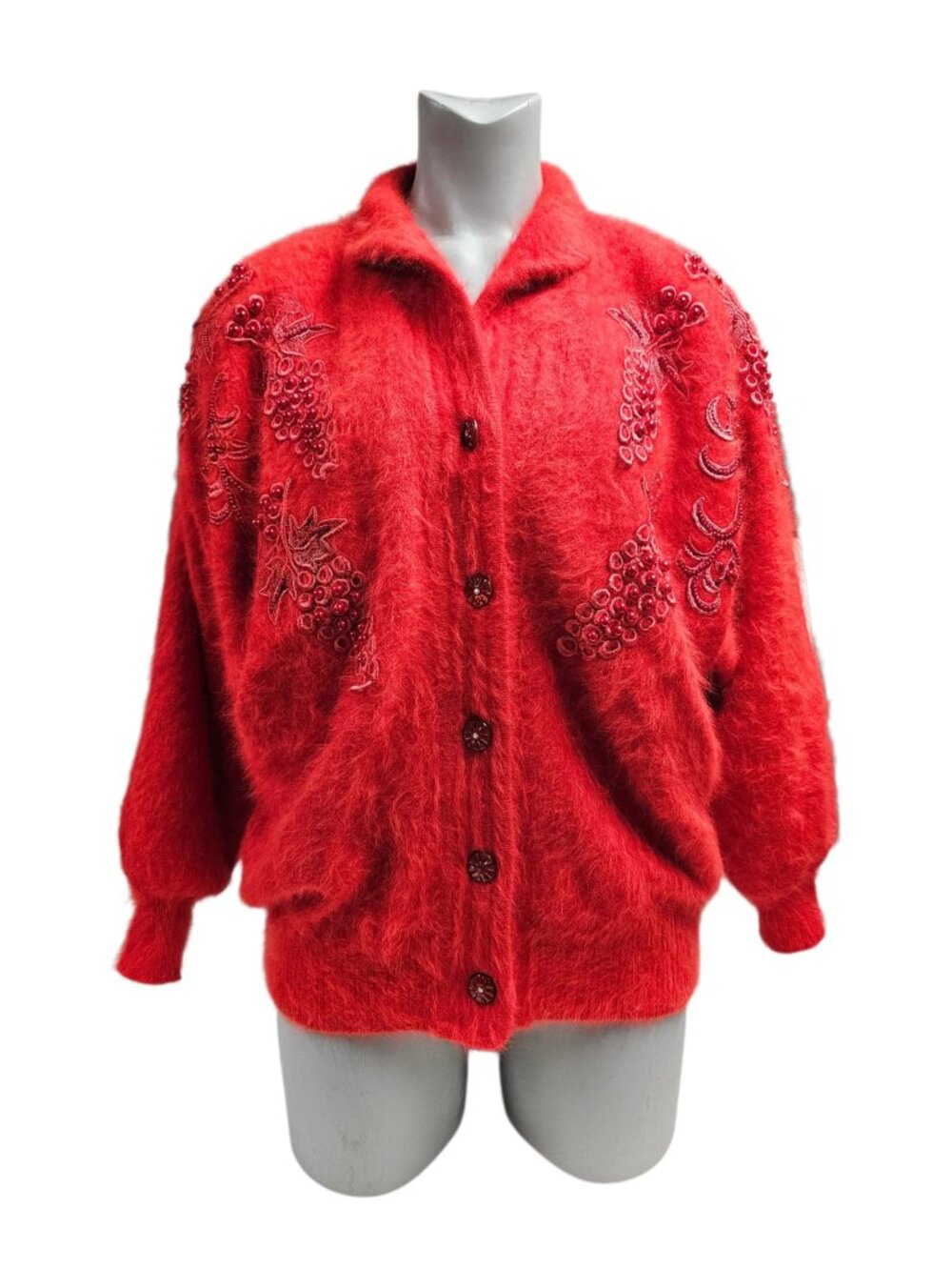 60s - 70s  Kown-Ne beaded red Fuzzy  jacket . fits like M/L . made in Korea